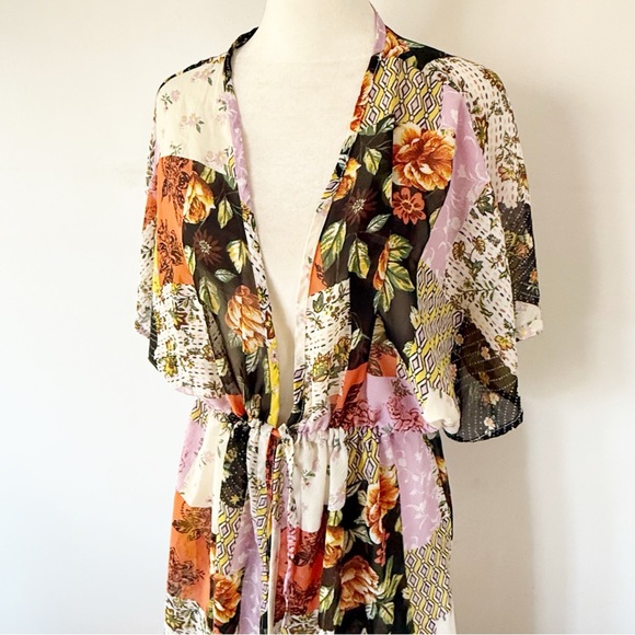 Rue 21 Sheer Patchwork Floral Tie Front Kimono Tunic Top Womens Large NWT Boho - Picture 2 of 7